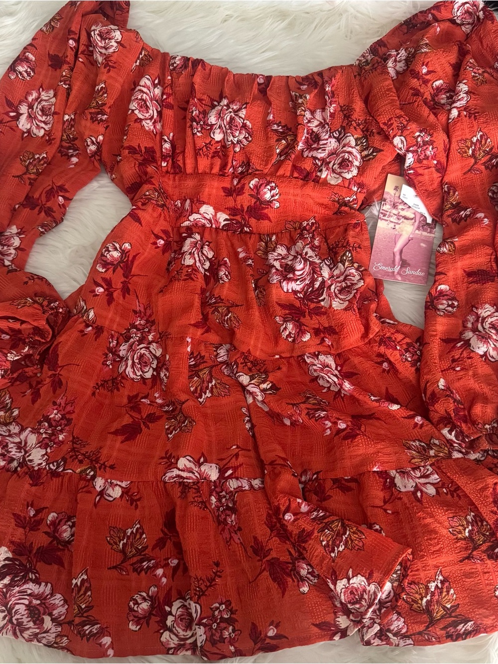 Emerald Sundae Coral Red Floral Off-Shoulder Dress Sz: L